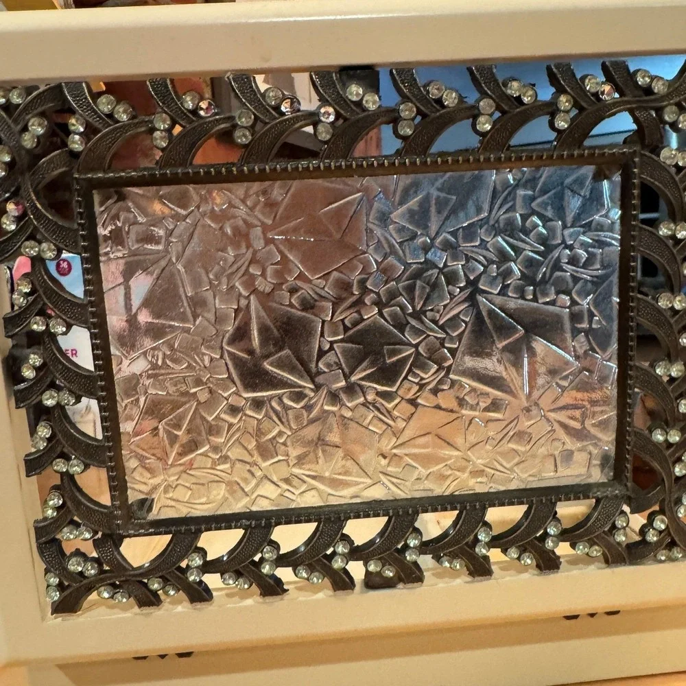 Ornate Rhinestone Filigree Cream Bronze Tone Textured Glass Jewelry‎ box